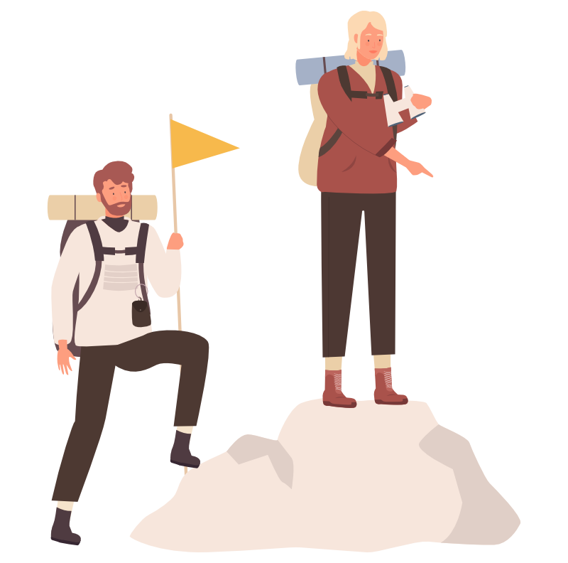 Illustration of a hiking couple reaching a summit